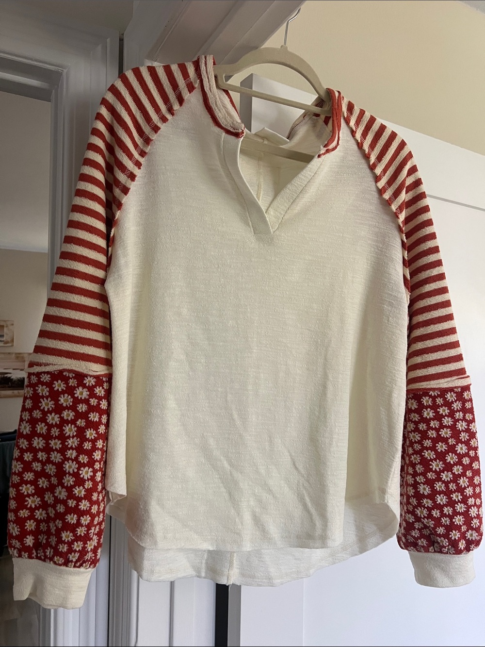 Like new! Cream Pullover Top with Red Striped & Floral Sleeves